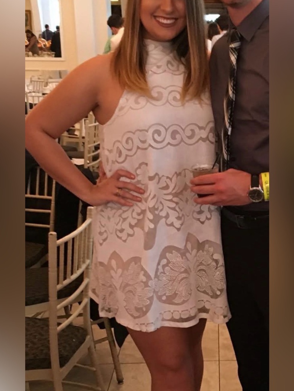 White Sleeveless Shift Dress Lace Pattern Motif High Neck worn once for a formal